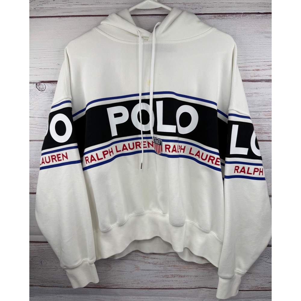 Polo‎ Ralph Lauren Womens White Colorblock Logo Graphic Hoodie Sweatshirt Large
